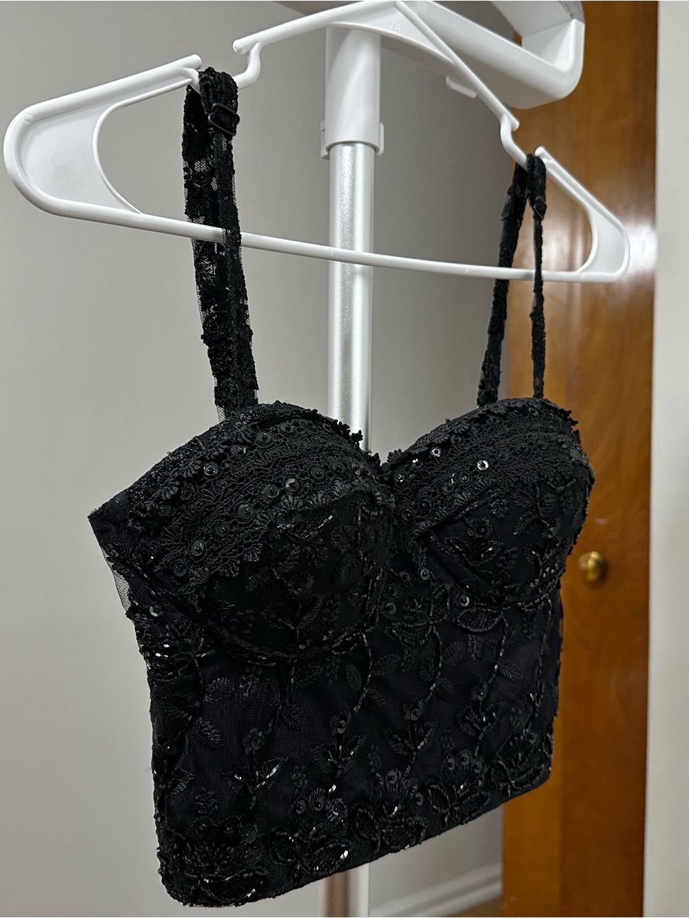 Cache Black Lace Sequin Cropped Bustier, Small
